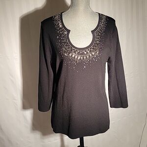 Cable & Gauge Womans Black Beaded Sequin Neckline with 3/4 SleeveI00 Blouse, XL